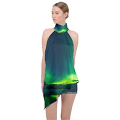 Iceland Aurora Borealis Halter Asymmetric Satin Top by Grandong