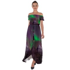 Aurora Northern Lights Phenomenon Atmosphere Sky Off Shoulder Open Front Chiffon Dress