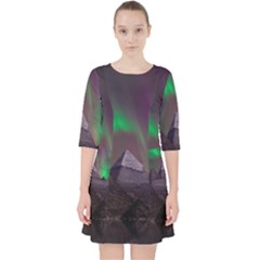 Aurora Stars Sky Mountains Snow Aurora Borealis Quarter Sleeve Pocket Dress