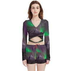 Aurora Stars Sky Mountains Snow Aurora Borealis Velvet Wrap Crop Top and Shorts Set