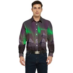 Aurora Stars Sky Mountains Snow Aurora Borealis Men s Long Sleeve Pocket Shirt  by Grandong