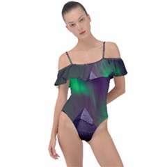 Aurora Stars Sky Mountains Snow Aurora Borealis Frill Detail One Piece Swimsuit