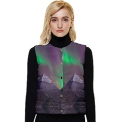 Aurora Stars Sky Mountains Snow Aurora Borealis Women s Button Up Puffer Vest by Grandong