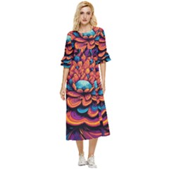 Flowers Painting Double Cuff Midi Dress