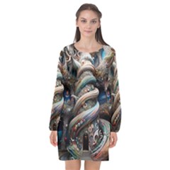 Fantasy Psychedelic Building Spiral Long Sleeve Chiffon Shift Dress 