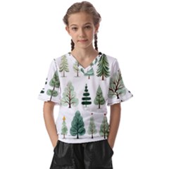 Christmas Trees Kids  V-Neck Horn Sleeve Blouse