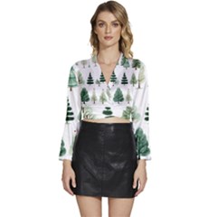 Christmas Trees Long Sleeve Tie Back Satin Wrap Top