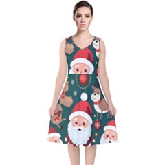 Christmas Santa Claus V-Neck Midi Sleeveless Dress 