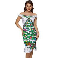 Christmas Tree Off Shoulder Ruffle Split Hem Bodycon Dress