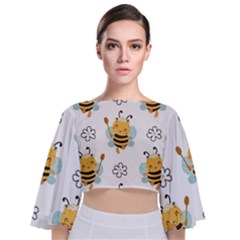 Art Bee Pattern Design Wallpaper Background Tie Back Butterfly Sleeve Chiffon Top by Vaneshop