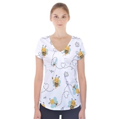 Bee Art Pattern Design Wallpaper Background Print Short Sleeve Front Detail Top by Vaneshop