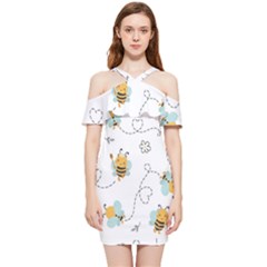 Bee Art Pattern Design Wallpaper Background Print Shoulder Frill Bodycon Summer Dress