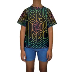 Circuit Hexagonal Geometric Pattern Background Pattern Kids  Short Sleeve Swimwear