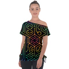 Circuit Hexagonal Geometric Pattern Background Pattern Off Shoulder Tie-Up T-Shirt