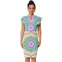 Mandala Pattern Rainbow Pride Vintage Frill Sleeve V-neck Bodycon Dress
