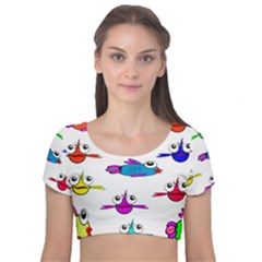 Fish Swim Cartoon Funnycute Velvet Short Sleeve Crop Top 