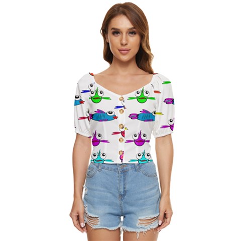 Fish Swim Cartoon Funnycute Button Up Blouse by Sapixe