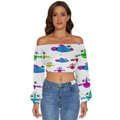 Fish Swim Cartoon Funnycute Long Sleeve Crinkled Weave Crop Top