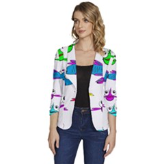 Fish Swim Cartoon Funnycute Women s One-button 3/4 Sleeve Short Jacket