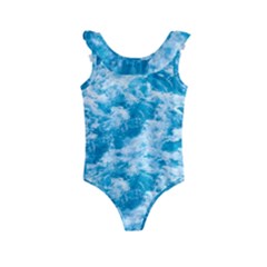 Blue Ocean Wave Texture Kids  Frill Swimsuit