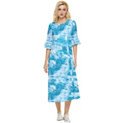 Blue Ocean Wave Texture Double Cuff Midi Dress