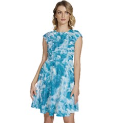 Blue Ocean Wave Texture Cap Sleeve High Waist Dress