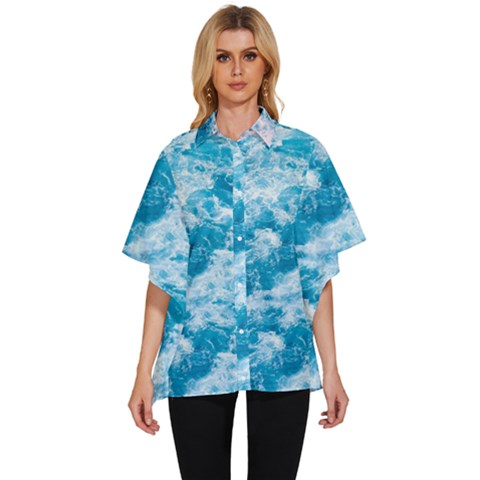 Blue Ocean Wave Texture Women s Batwing Button Up Shirt by Jack14