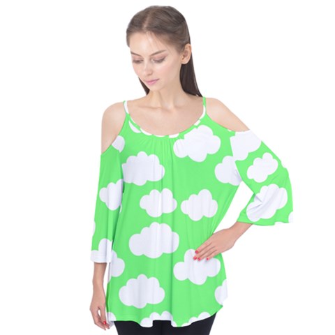 Cute Clouds Green Neon Flutter Sleeve T-shirt  by ConteMonfrey