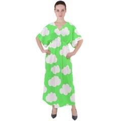 Cute Clouds Green Neon V-neck Boho Style Maxi Dress by ConteMonfrey