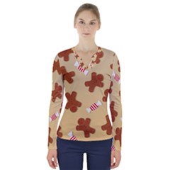 Gingerbread Christmas Time V-Neck Long Sleeve Top