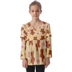 Gingerbread Christmas Time Kids  V Neck Casual Top