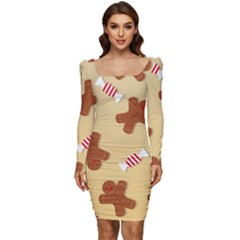 Gingerbread Christmas Time Women Long Sleeve Ruched Stretch Jersey Dress