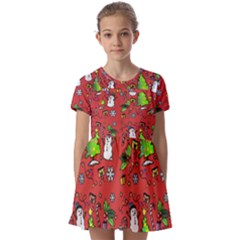 Santa Snowman Gift Holiday Kids  Short Sleeve Pinafore Style Dress by Pakjumat