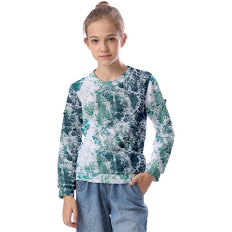 Blue Ocean Waves Kids  Long Sleeve T-shirt With Frill  by Jack14