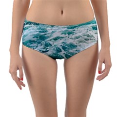 Blue Crashing Ocean Wave Reversible Mid-Waist Bikini Bottoms