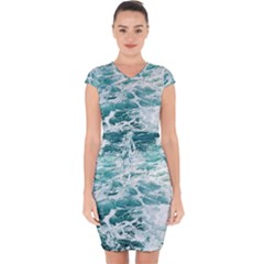 Blue Crashing Ocean Wave Capsleeve Drawstring Dress 