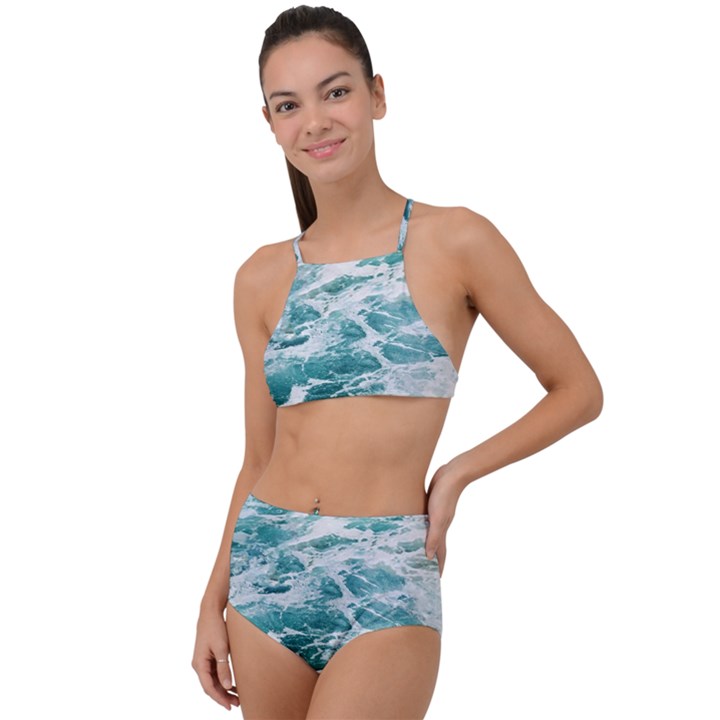 Blue Crashing Ocean Wave Halter Tankini Set