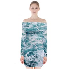 Blue Crashing Ocean Wave Long Sleeve Off Shoulder Dress