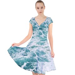 Blue Crashing Ocean Wave Cap Sleeve Front Wrap Midi Dress