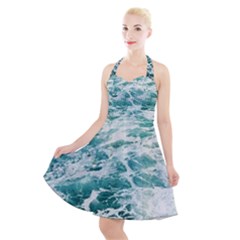 Blue Crashing Ocean Wave Halter Party Swing Dress 