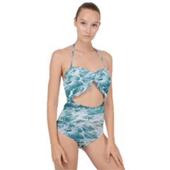 Blue Crashing Ocean Wave Scallop Top Cut Out Swimsuit