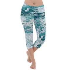 Blue Crashing Ocean Wave Lightweight Velour Capri Yoga Leggings by Jack14