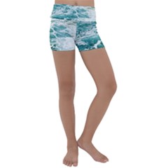 Blue Crashing Ocean Wave Kids  Lightweight Velour Yoga Shorts