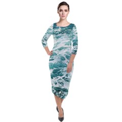 Blue Crashing Ocean Wave Quarter Sleeve Midi Velour Bodycon Dress by Jack14