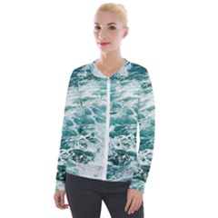 Blue Crashing Ocean Wave Velvet Zip Up Jacket by Jack14