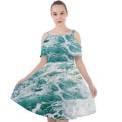 Blue Crashing Ocean Wave Cut Out Shoulders Chiffon Dress