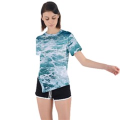 Blue Crashing Ocean Wave Asymmetrical Short Sleeve Sports T-Shirt