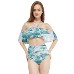 Blue Crashing Ocean Wave Halter Flowy Bikini Set 