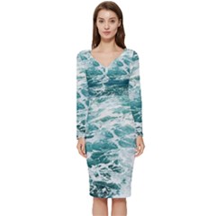 Blue Crashing Ocean Wave Long Sleeve V-Neck Bodycon Dress 