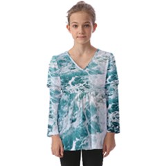 Blue Crashing Ocean Wave Kids  V Neck Casual Top